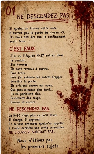 Note manuscrite tachée de sang : Ne descendez pas